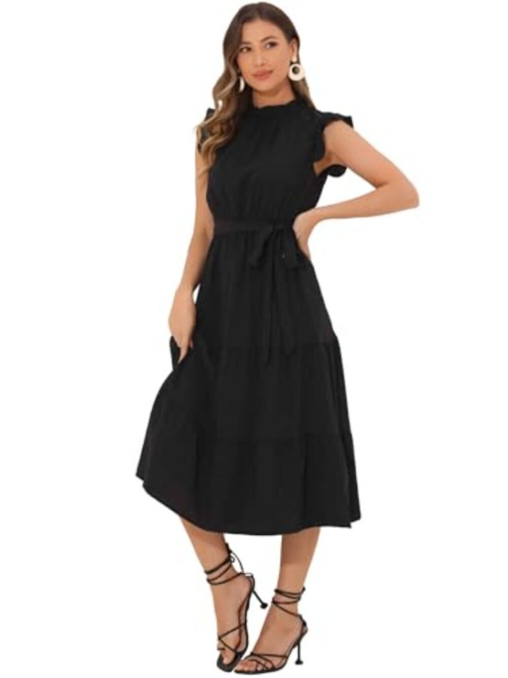 Women's Midi A-Line Mock Neck Ruffled Sleeve Dress with Belt